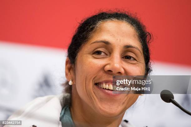 Head Coach Steffi Jones smiles during the Germany Press Conference on July 27, 2017 in 's-Hertogenbosch, Netherlands.