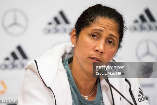 Head Coach Steffi Jones speaks during the Germany Press Conference on July 27, 2017 in 's-Hertogenbosch, Netherlands.