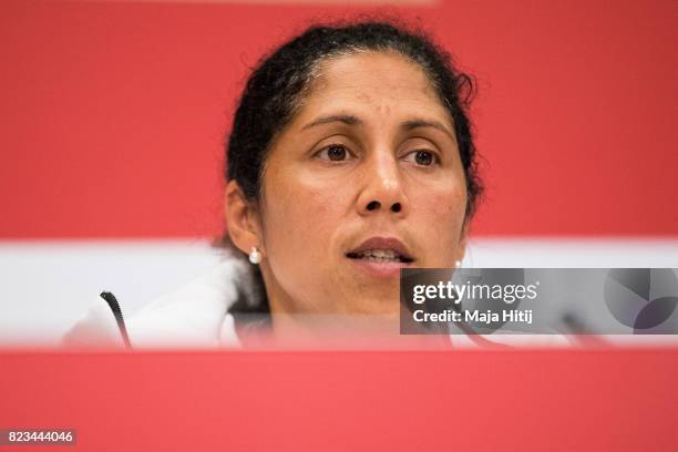 Head Coach Steffi Jones speaks during the Germany Press Conference on July 27, 2017 in 's-Hertogenbosch, Netherlands.