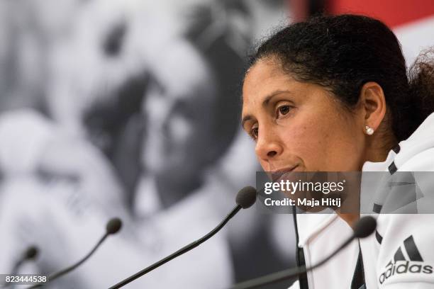 Head Coach Steffi Jones speaks during the Germany Press Conference on July 27, 2017 in 's-Hertogenbosch, Netherlands.