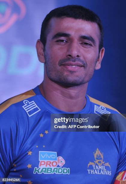 Tamil Thaliva Team kabaddi captain Ajay Thakur poses during an event for the fifth edition of the Pro Kabaddi League 2017 in Hyderabad on July 27,...