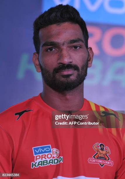 Patna Pirates Team kabaddi captain Pradeep Narwal poses during an event for the fifth edition of the Pro Kabaddi League 2017 in Hyderabad on July 27,...