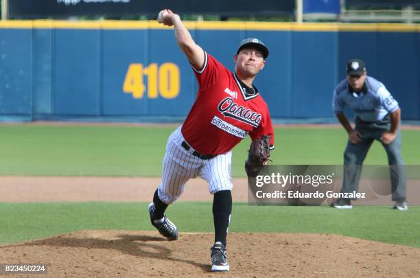 Axel Rios of Guerreros delivers a pitch during the match between Piratas de Campeche and Guerreros de Oaxaca as part of the Liga Mexicana de Beisbol...