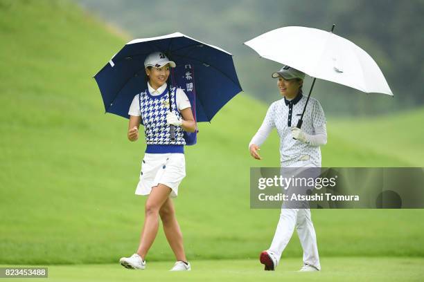Rei Matsuda of Japan and Moeka Nishihata smile during the third round of the LPGA Pro-Test at the Kosugi Country Club on July 27, 2017 in Imizu,...