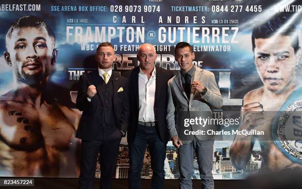 Carl Frampton , Northern Ireland and Andres Gutierrez , Mexico pose with Barry McGuigan for photographers during their final pre fight press...