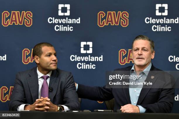 Cleveland Cavaliers owner Dan Gilbert introduces new general manager Koby Altman during a press conference at The Cleveland Clinic Courts on July 26,...