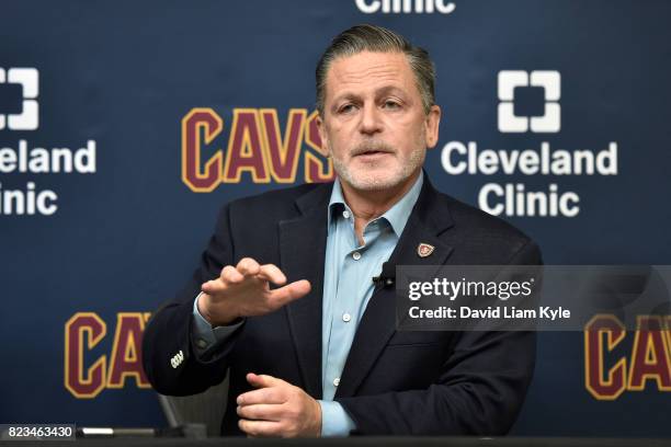 Cleveland Cavaliers owner Dan Gilbert introduces new general manager Koby Altman during a press conference at The Cleveland Clinic Courts on July 26,...