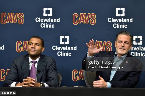 Cleveland Cavaliers owner Dan Gilbert introduces new general manager Koby Altman during a press conference at The Cleveland Clinic Courts on July 26,...