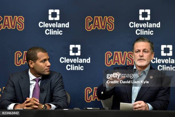 Cleveland Cavaliers owner Dan Gilbert introduces new general manager Koby Altman during a press conference at The Cleveland Clinic Courts on July 26,...