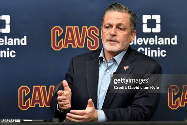 Cleveland Cavaliers owner Dan Gilbert introduces new general manager Koby Altman during a press conference at The Cleveland Clinic Courts on July 26,...