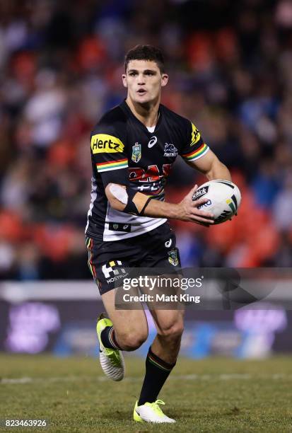 Nathan Cleary of the Panthers runs with the ball during the round 21 NRL match between the Penrith Panthers and the Canterbury Bulldogs at Pepper...