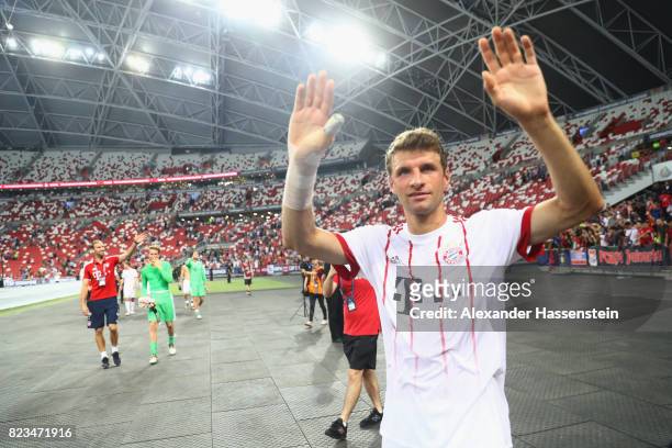 Thomas Mueller of Bayern Muenchen celebrates with the Bayern Muenchen supporters after the International Champions Cup 2017 match between Bayern...