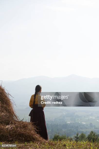 tibetan girls walk in the prairie village - tibetan ethnicity stock pictures, royalty-free photos & images