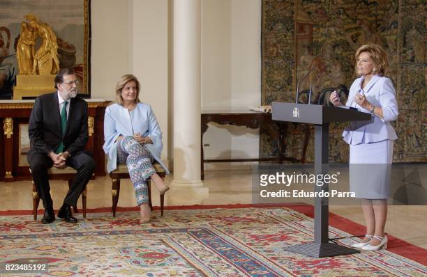President Mariano Rajoy, Minister of Labor Fatima Banez and Maria Teresa Campos attend the 'Medals to Merit in Work' delivery at Moncloa palace July...