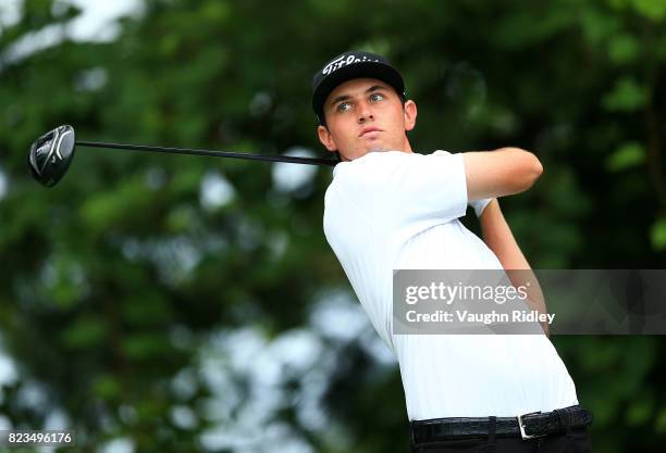 Poston of the United States plays his shot from the 16th tee during round one of the RBC Canadian Open at Glen Abbey Golf Club on July 27, 2017 in...