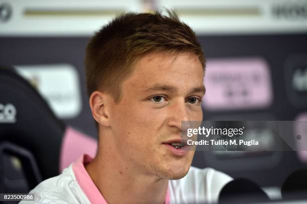 Radoslaw Murawski answers questions during his presentation as new player of US Citta' di Palermo at Carmelo Onorato training center on July 27, 2017...