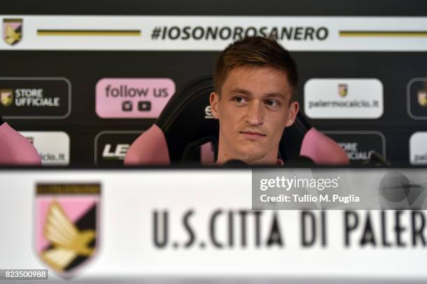 Radoslaw Murawski answers questions during his presentation as new player of US Citta' di Palermo at Carmelo Onorato training center on July 27, 2017...