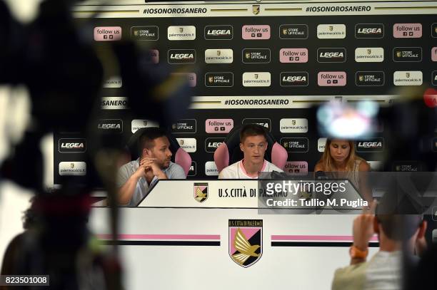 Radoslaw Murawski answers questions during his presentation as new player of US Citta' di Palermo at Carmelo Onorato training center on July 27, 2017...