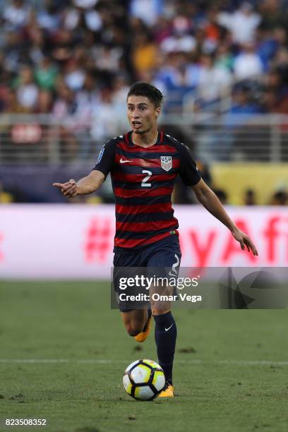 Jorge Villafana of United States drives the ball during the CONCACAF Gold Cup 2017 final match between United States and Jamaica at Levi's Stadium on...