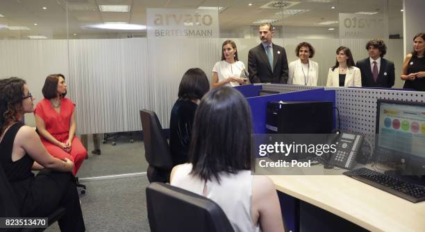 King Felipe VI of Spain and Queen Letizia visit the offices of the 016 Telefonic hotline for gender violence assistance on July 27, 2017 in Madrid,...