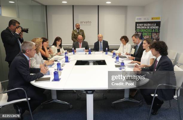 King Felipe VI of Spain and Queen Letizia visit the offices of the 016 Telefonic hotline for gender violence assistance on July 27, 2017 in Madrid,...