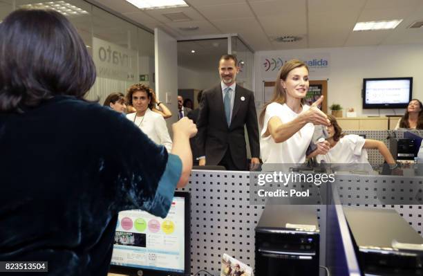 King Felipe VI of Spain and Queen Letizia visit the offices of the 016 Telefonic hotline for gender violence assistance on July 27, 2017 in Madrid,...