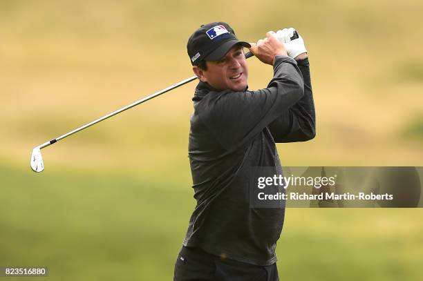 Billy Andrade of the United States hits an approach shot during the first round of the the Senior Open Championship presented by Rolex at Royal...