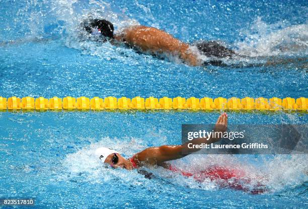 Ranomi Kromowidjojo of the Netherlands, Pernille Blume of Denmark and Penny Oleksiak of Canada compete during the Women's 100m Freestyle semi final...