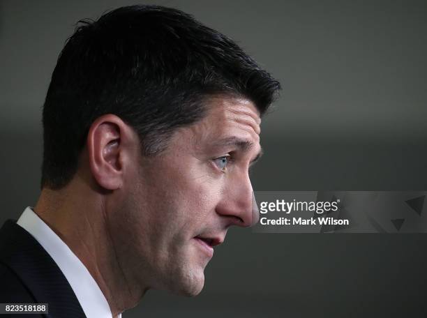 House Speaker Paul Ryan speaks to the media about issues before the House, during his weekly media briefing on Capitol Hill, July 27, 2017 in...