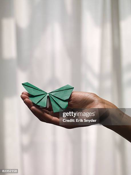 person holding paper folded in shape of butterfly - origami stock pictures, royalty-free photos & images