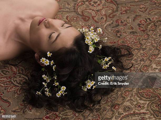 woman with flowers in her hair - i love new york stock-fotos und bilder
