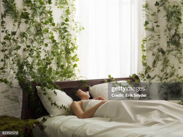 woman in bed, vines hanging from wall - woman sleep bedroom foto e immagini stock