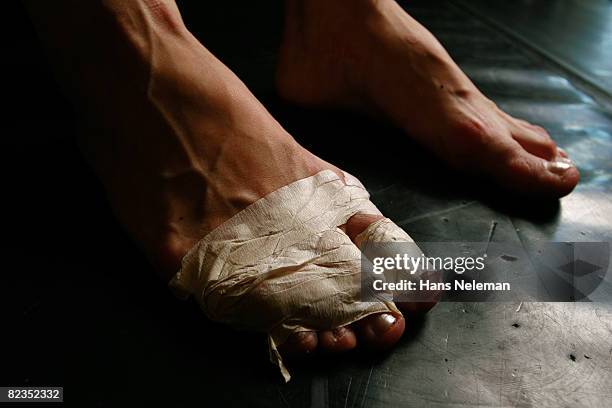 close-up of a ballerina's foot wrapped with bandage, montevideo, uruguay - ballet feet hurt stock pictures, royalty-free photos & images