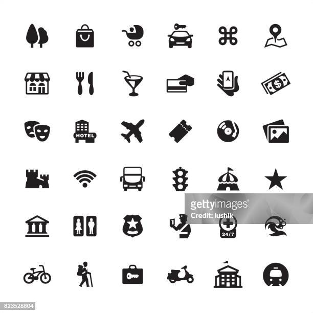 city guide and navigation - icon set - arts culture and entertainment stock illustrations
