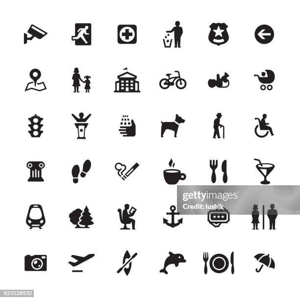 city life and public space - icons set - disabled accessible boarding sign stock illustrations