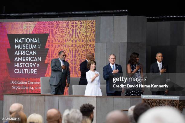 View of, from left, founding director Lonnie Bunch, Congressman John Lewis, former First Lady Laura Bush, former President George W Bush, First Lady...