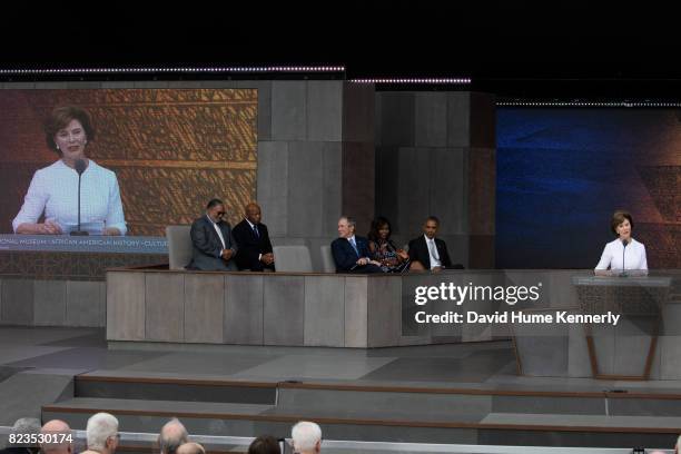 Former First Lady Laura Bush speaks at the opening of the National Museum of African American History and Culture, Washington DC, September 24, 2016....