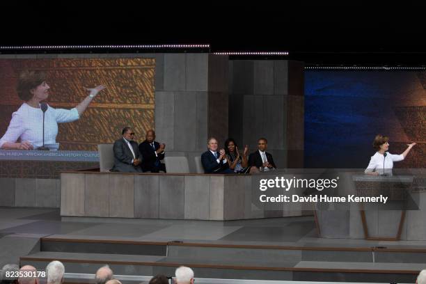Former First Lady Laura Bush speaks at the opening of the National Museum of African American History and Culture, Washington DC, September 24, 2016....