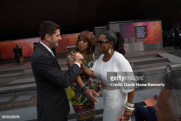 Speaker of the House Paul Ryan greets Oprah Winfrey and Gayle King at the opening of the National Museum of African American History and Culture,...