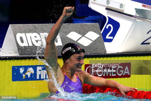 Mireia Belmonte of Spain celebrates after winning the gold medal during the Women's 200m Butterfly final on day fourteen of the Budapest 2017 FINA...