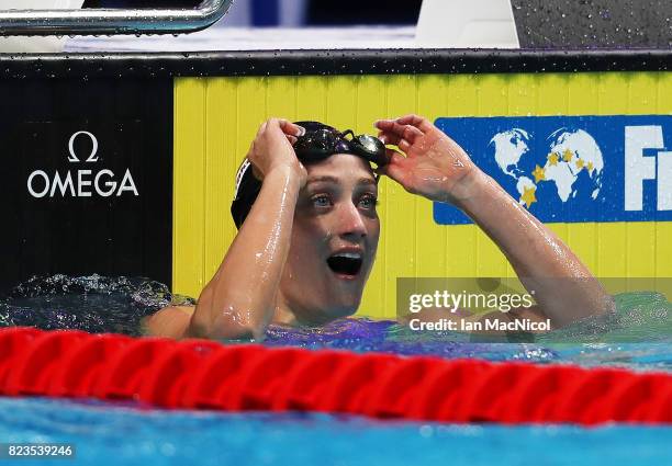 Mireia Belmonte of Spain reacts after she wins the Women's 200m Butterfly final on day fourteen of the FINA World Championships at the Duna Arena on...