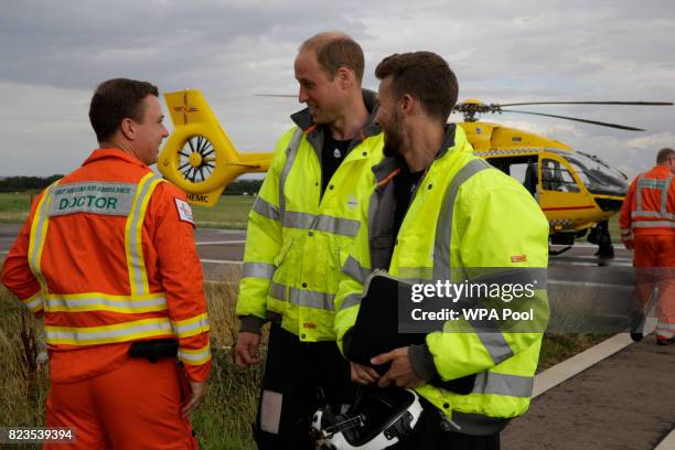 Prince William, Duke of Cambridge starts his final shift with the East Anglian Air Ambulance based out of Marshall Airport on July 27, 2017 near...