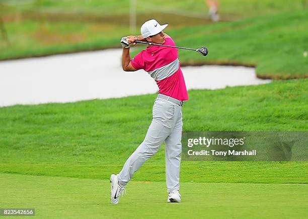 Thorbjorn Oleson of Denmark plays his second shot on the 16th fairwayduring the Porsche European Open - Day One at Green Eagle Golf Course on July...