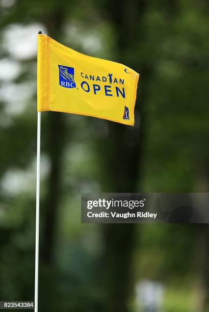 Pin hole flag is seen on the eighth hole during round one of the RBC Canadian Open at Glen Abbey Golf Club on July 27, 2017 in Oakville, Canada.