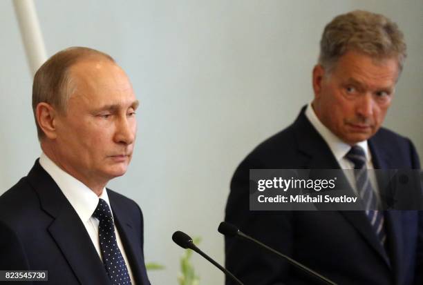 Russian President Vladimir Putin holds a joint press conference with Finland's President Sauli Niinisto July 27, 2017 in Savonlinna, Finland. Putin...