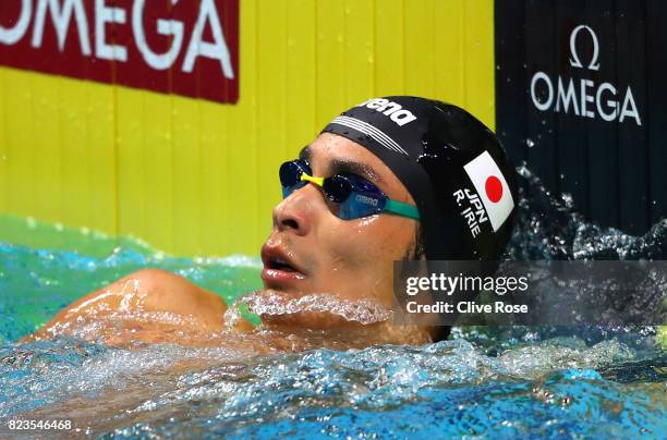 Ryosuke Irie of Japan celebrates during the Men's 200m Backstroke semi final on day fourteen of the Budapest 2017 FINA World Championships on July...