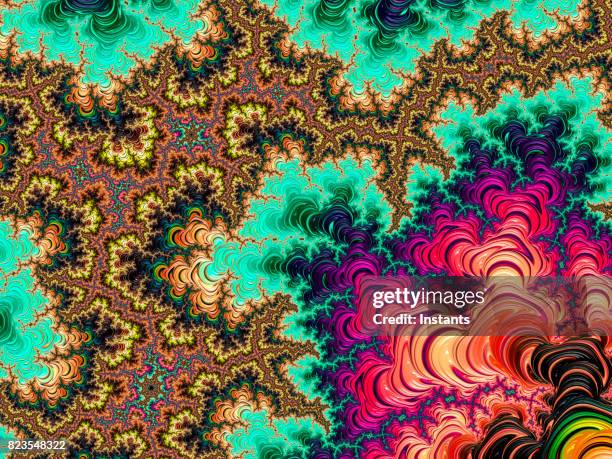 multicolor de alta resolución de textura fractal fondo, lo que recuerda de un dosel de árboles de bosque, estilo años 60. - tree canopy pattern fotografías e imágenes de stock