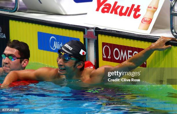 Ryosuke Irie of Japan celebrates during the Men's 200m Backstroke semi final on day fourteen of the Budapest 2017 FINA World Championships on July...