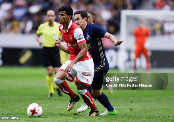 Danilo of SC Braga and Stefan Ishizaki of AIK competes for the ball during the UEFA Europa League Qualifying match between AIK and SC Braga at...