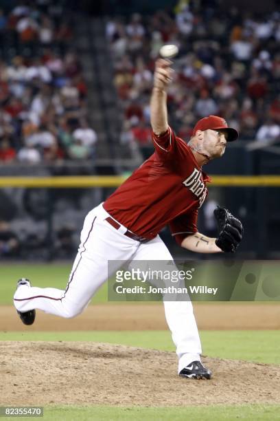 Jon Rauch of the Arizona Diamondbacks pitches during the game against the Atlanta Braves at Chase Field in Phoenix, Arizona on August 10, 2008. The...
